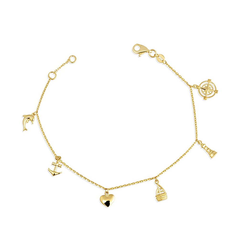 14K Solid Yellow Gold Nautical Ocean Dangle Charm Bracelet 7" Adjustable